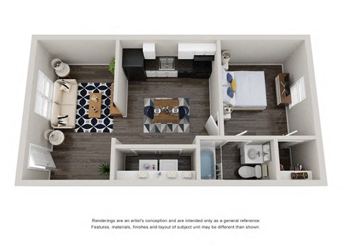 Floor plan for 1 bed, 1 bath, 625 sqft